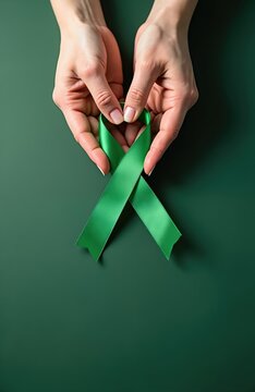Adult hands holding green ribbon on green background. Person supports mental health awareness. Green symbolizes hope and solidarity for cerebral palsy, kidney disease and bipolar disorder.