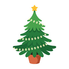 Festive decorated christmas tree with lights and star on white background