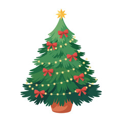 Festive christmas tree decorated with red bows and lights