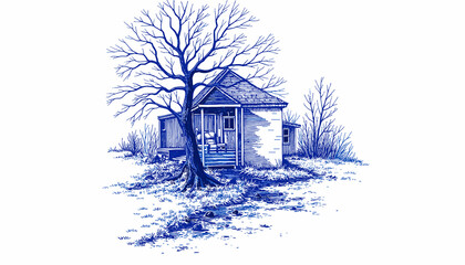 Vintage sketch of a house and tree in blue ink  