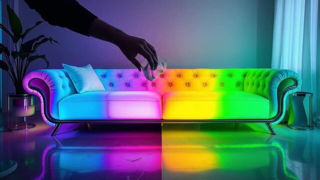 Bright colorful sofa with neon lights in a stylish interior setting. 4k video