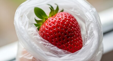 Fresh Strawberry in Plastic Bag - A Close-Up View.