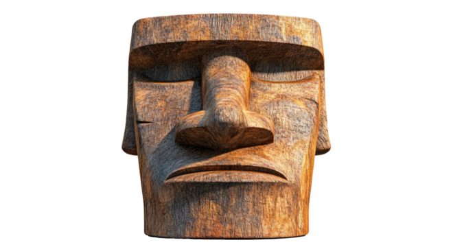 Stone head with a solemn expression, textured surface, and neutral colors