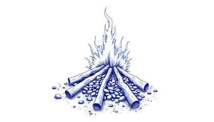 Vintage sketch of a bonfire with blue ink on a white background  