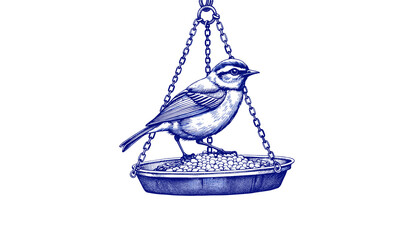 Vintage sketch of a bird sitting on a hanging bird feeder  