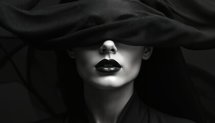 Black and white close-up portrait of a woman face with black veil covering eyes. Female model has dark lips, smooth skin. Studio photo shoot with elegant makeup and mysterious atmosphere. © Lubov