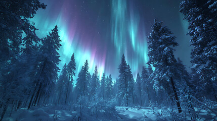 Magical Christmas night with aurora borealis over snowy trees
