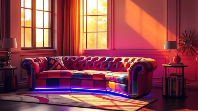 Bright colorful sofa with neon lights in a stylish interior setting. 4k video