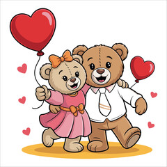 Charming pair of teddy bears hugging holding heart balloons romantic valentine's day celebration design element illustration