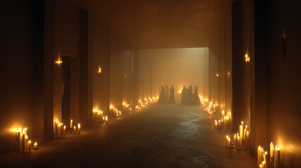 Dark corridor with flickering candles and ghostly silhouettes
