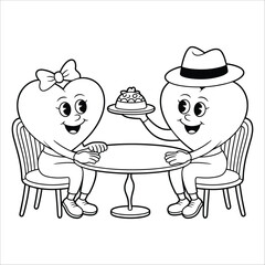 Charming heart couple enjoying a romantic dessert date at a table with chairs outline drawing illustration