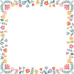 Whimsical floral border with delicate flowers and leaves on white background