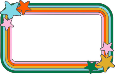 Rainbow retro frame. Funky geometric border for photo and picture. Groovy cute striped shape. Abstract girly decorative element for trendy design. 70s vintage sticker