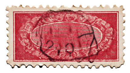 Obraz premium Vintage red postage stamp close-up with perforated edges, PNG transparent background