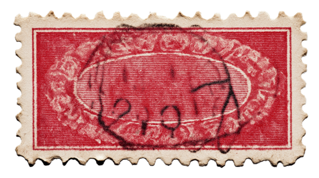 Vintage red postage stamp close-up with perforated edges, PNG transparent background