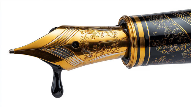 Close-up of ornate fountain pen nib with black ink droplet, writing concept