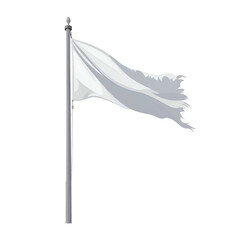 A white flag, tattered and waving on a tall pole, set against a black background