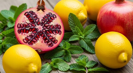 Fresh Pomegranates and Lemons with Mint Leaves on Wooden Surface.