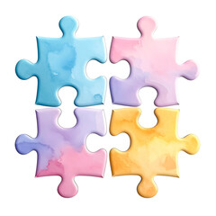 Obraz premium Four interlocking jigsaw puzzle pieces in watercolor hues on a black background