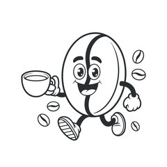 Monochrome Cartoon Coffee Bean Character Running with Cup Illustration for Branding