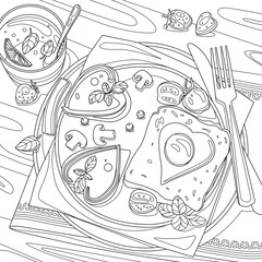 Black and white line art illustration of breakfast with fried eggs, toasts, heart-shaped mushrooms, tomatoes and a drink on a wooden table.