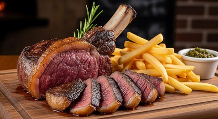 Delicious Tomahawk Steak with Fries and Pesto on Wooden Board.