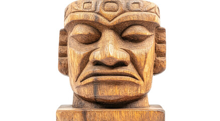 Carved wooden tiki head with strong, angular features on black backdrop