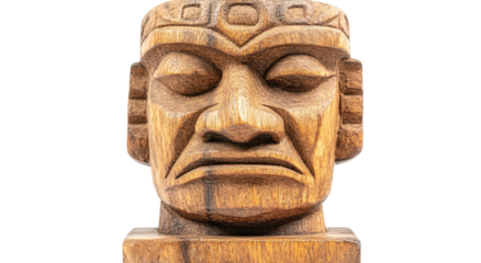 Carved wooden tiki head with strong, angular features on black backdrop