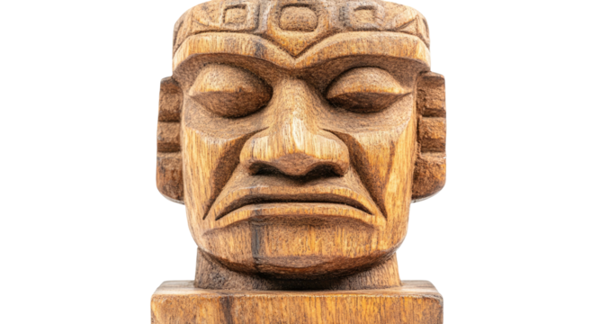 Carved wooden tiki head with strong, angular features on black backdrop