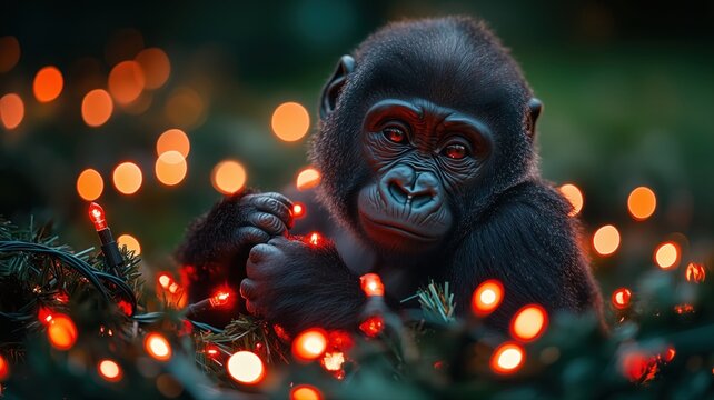 gorilla surrounded by christmas lights and ornaments - Powered by Adobe