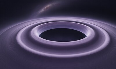 A rendering of a black hole, showing a bright accretion disk and galactic background