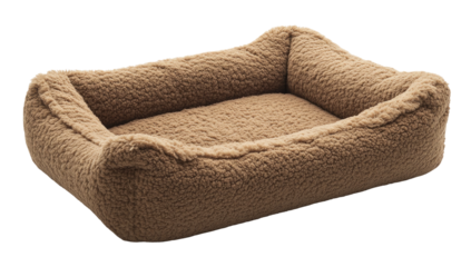 Plush, tan, rectangular pet bed with raised sides, isolated on dark backdrop