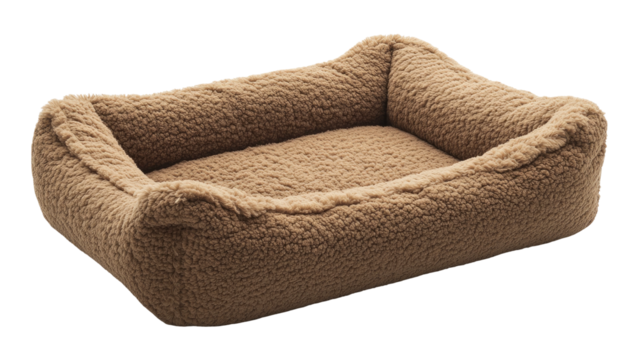 Plush, tan, rectangular pet bed with raised sides, isolated on dark backdrop