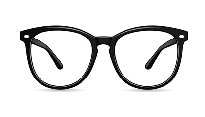 A digitally rendered image of a pair of black-rimmed eyeglasses, front view on a white background. The frames are thick and stylish