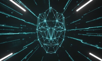 A stylized digital face constructed from glowing lines, surrounded by lines traveling outwards