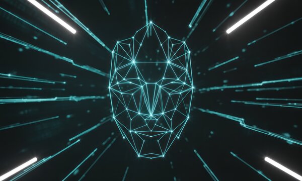 A stylized digital face constructed from glowing lines, surrounded by lines traveling outwards