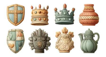 Colorful Artistic Shields and Crowns with Unique Shapes and Styles