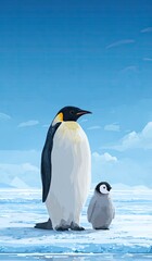 Fototapeta premium Penguin parent and chick stand together on snow and ice against a blue sky