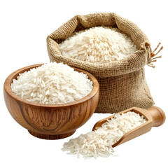 Close-up of white rice in wooden bowl, burlap sack, and scoop, against a transparent backdrop