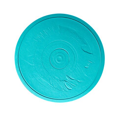 Teal-colored circular design, likely a coin, with a stylized bird and central target