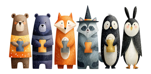 Cute Cartoon Animals with Lanterns in a Whimsical Style on Transparent Background