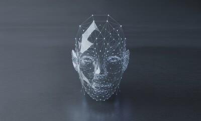 A translucent human head constructed of a network of connected dots, set against a dark backdrop