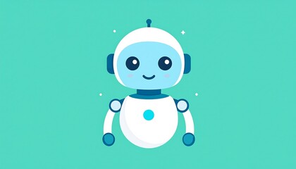 A cute, cartoon-style robot with a white head, light blue body, and a friendly smile stands against a teal backdrop