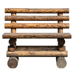 Wooden bench made from logs. Rustic design, with backrest, against a transparent backdrop