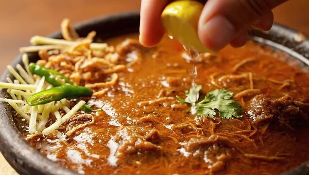 Macro Shot of Lemon Being Squeezed over a Rich Bowl of Pakistani and indian Nihari Stew.
