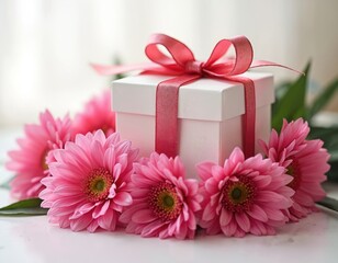 White gift box tied with pink ribbon. Surrounded by bright pink gerbera daisies and green leaves. Perfect for celebrations birthdays thank yous or romantic surprises.