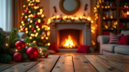 Beautiful Christmas Tree with Red Ornaments and Warm Fireplace Lights in Cozy Holiday Living Room