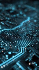 Obraz premium Close-up view of a circuit board with glowing blue lines and intricate patterns at night