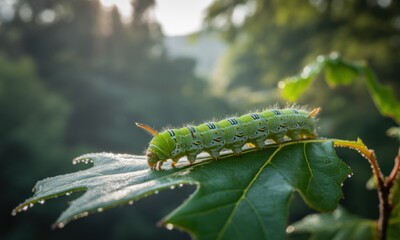 Fototapeta premium A vibrant green caterpillar crawls on a leafy branch with dew in a sunlit forest