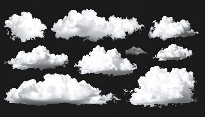 A collection of fluffy, white clouds of varying shapes and sizes are depicted against a dark, black background, creating a natural, airy composition